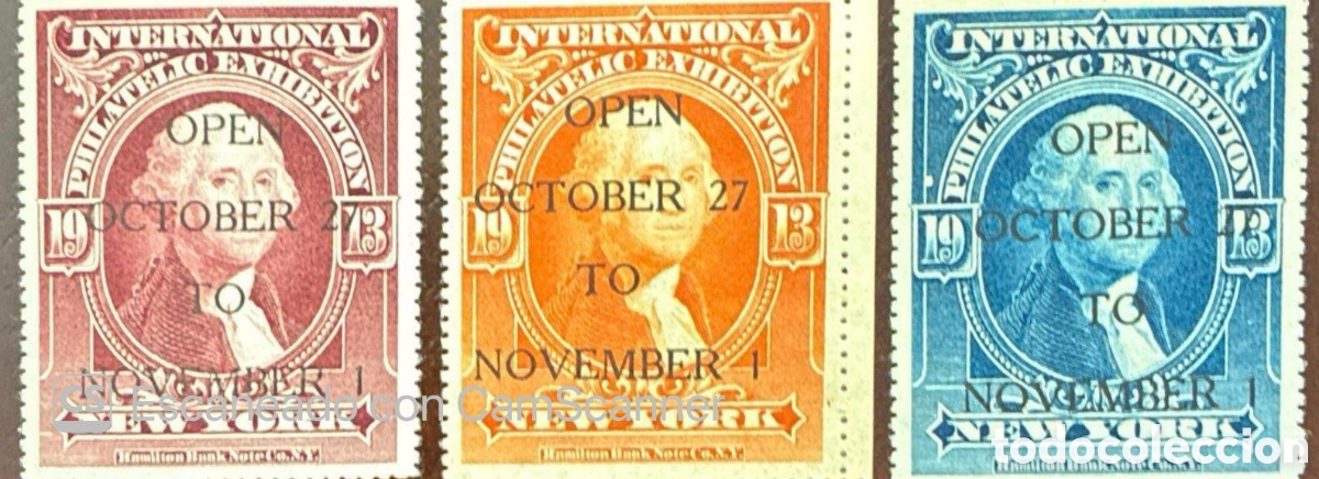 Sellos: CA)United States, 1936, International Philatelic Exhibition New York. Set of three commemorative ove