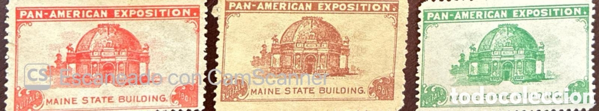 Sellos: CA)United States, 1901, Pan‑American Exposition Buffalo. Set of three commemorative stamps depicting