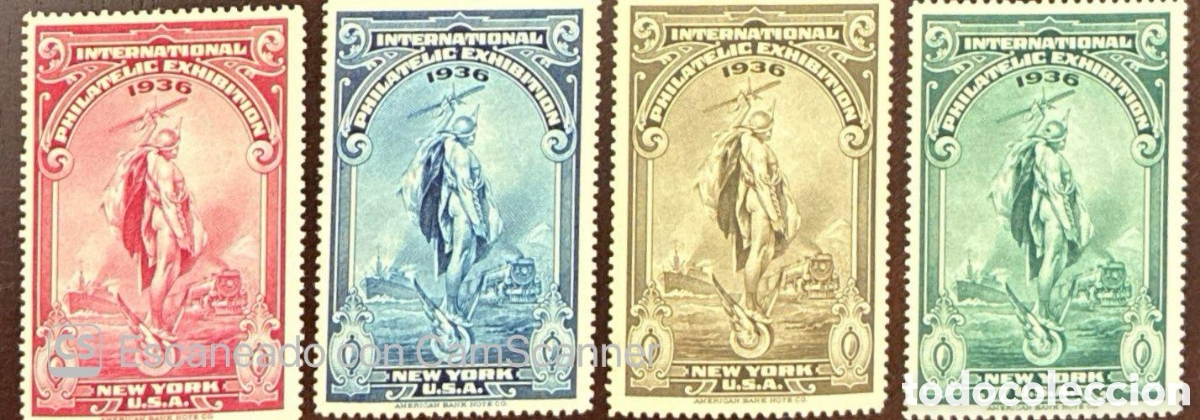Sellos: CA)United States, 1936, International Philatelic Exhibition New York. Set of four commemorative labe