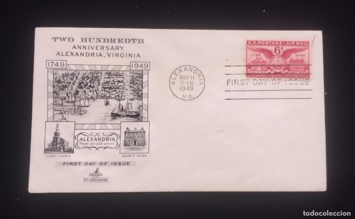 Sellos: TS) 1949 UNITED STATES, FDC, AIRMAIL, TWO HUNDREDTH ANNIVERSARY ALEXANDRIA, VIRGINIA WITH CHRIST CHU