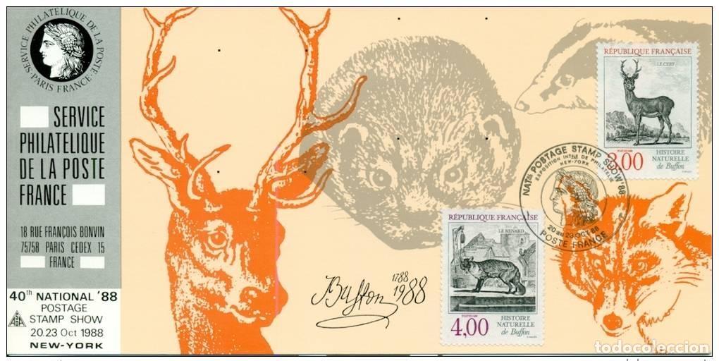 Sellos: 051 Mapa oficial Exposici&oacute;n Nueva York 1988 Francia FDC Animales Fox Deer