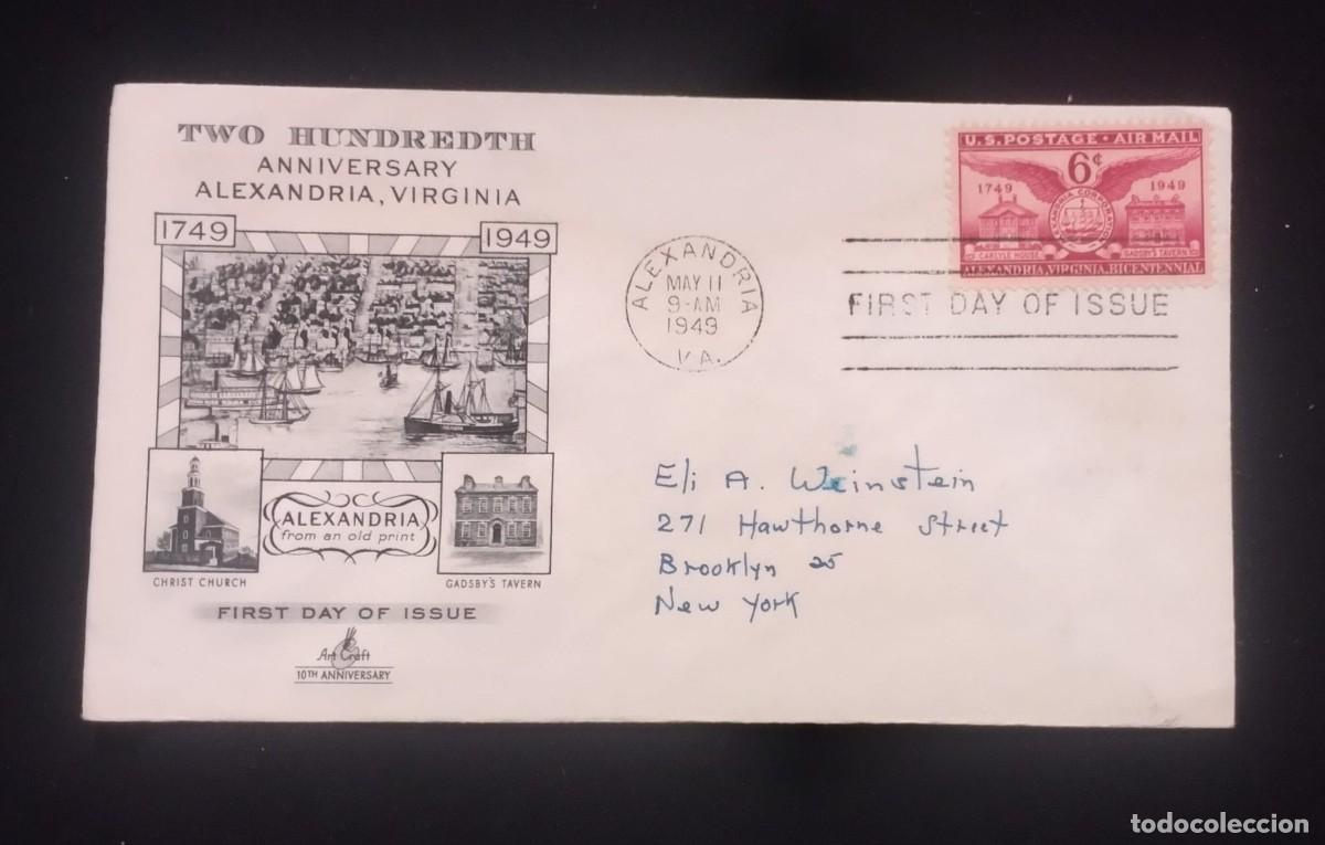 Sellos: TS) 1949 UNITED STATES, FDC, AIRMAIL, WITH THE HOME OF JOHN CARLYLE, ALEXANDRIA SEAL, GADSBY'S TAVER