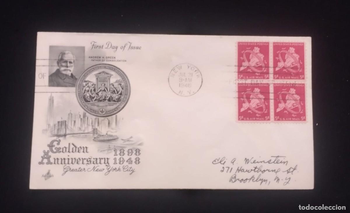 Sellos: TS) 1948 UNITED STATES, FDC, AIRMAIL,GOLDEN ANNIVERSARY GREATER NEW YORK CITY AND MULTIPLE STAMPS,VF