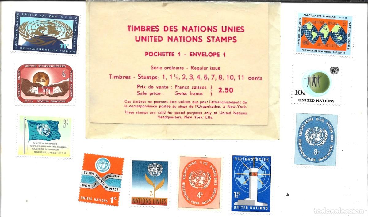 Sellos: 10 SELLOS NACIONES UNIDAS NEW YORK DISTINTOS VALORES EN SU SOBRE