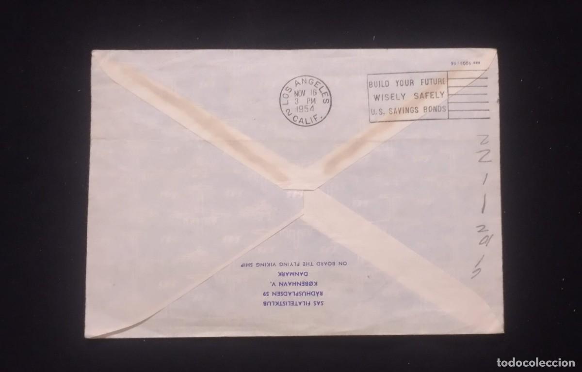 Sellos: TS) 1954 UNITED STATES, SLOGAN CANCELLATION, AIRMAIL, COVER SENT FROM LOS ANGELES TO COPENHAGEN.