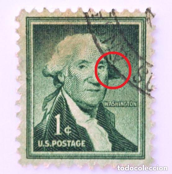 Timbres: Sello postal ESTADOS UNIDOS 1954 , 1 centavo, George Washington, Con error de impresi&oacute;n