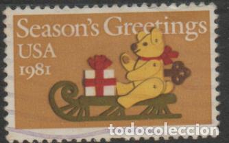Sellos: Estados Unidos, vi&ntilde;eta de Navidad a&ntilde;o 1981, un oso de peluche lleva en un trineo los regalos, USADA