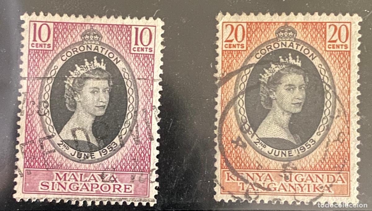 Sellos: Coppia Francobolli Incoronazione Elisabetta II 1953 Singapore Kenya Uganda Usati - Commonwealth Brit