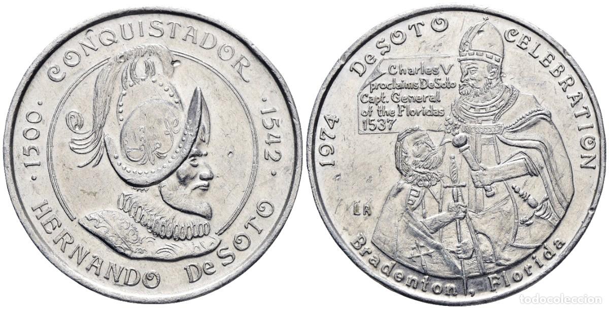 Sellos: *** RARA MEDALLA DEL CONQUISTADOR HERNANDO DESOTO. 1947. BRANDENTON, FLORIDA. ALUMINIO ***