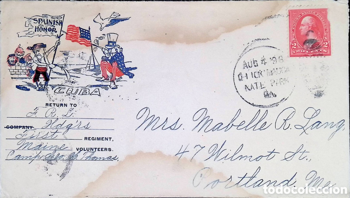 Sellos: Cy) 1898 &middot; USA Spanish‑American War patriotic cover from Camp George H. Thomas with 2c Washington