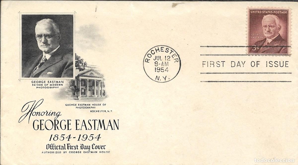Sellos: Sobre primer d&iacute;a 1954 de EE.UU conmemorando al fot&oacute;grafo George Eastman, con un sello de 3 centavos