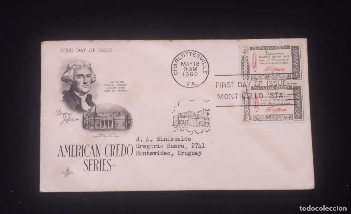 Sellos: TS) 1960 UNITED STATES, FDC, COVER SENT FROM VIRGINIA TO MONTEVIDEO, AMERICAN CREDO SERIES, CIRCULAT