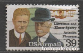 Sellos: ESTADOS UNIDOS IVERT AEREO N&ordm; 108, Lawrence and Elmer Sperry, PIONEROS DE LA AVIACION, USADO