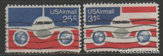 Sellos: Estados Unidos a&eacute;reo 83/4,Avi&oacute;n Boeing 737 y globos terr&aacute;queos sobre la bandera, usado, serie comple