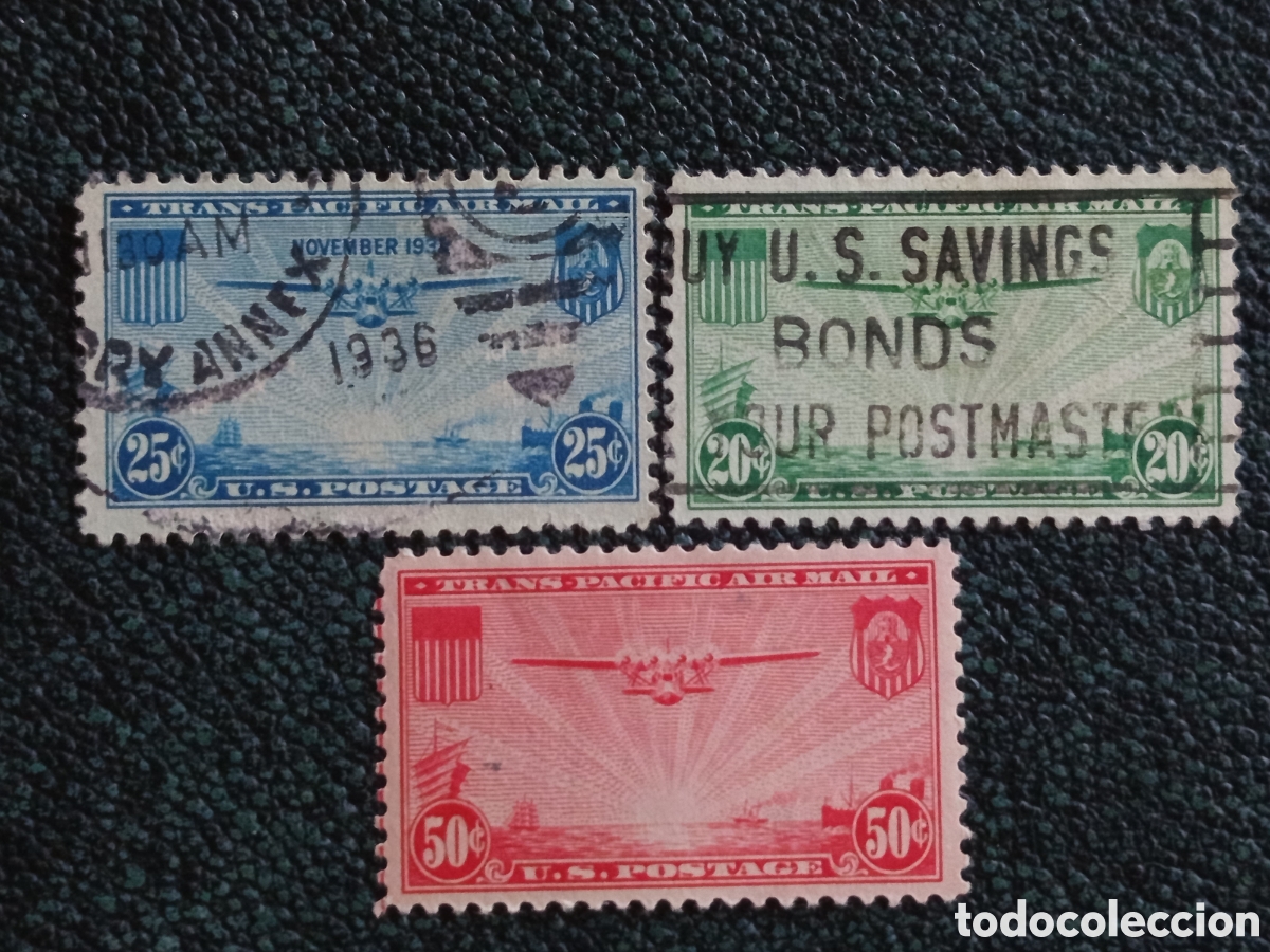 Sellos: Lote 3 Sellos EE.UU. Correo A&eacute;reo 1935-37 China Clipper Scott C20-C22 (50&cent; MH)