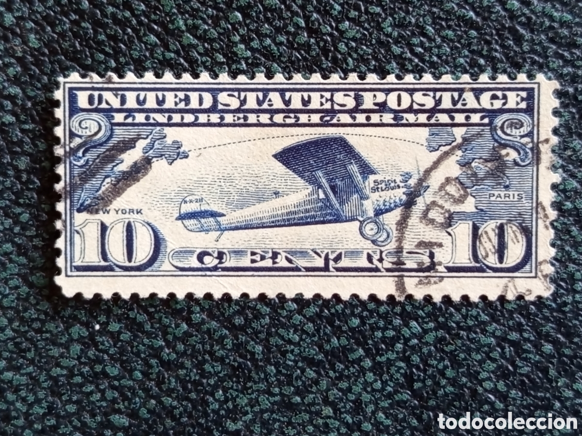 Sellos: Sello EEUU 10c Correo A&eacute;reo Lindbergh 1927 Usado Cat&aacute;logo Scott #C10