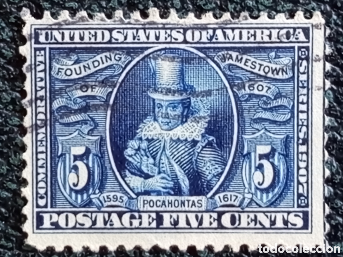 Sellos: Sello EEUU 5c Pocahontas Jamestown 1907 Usado Cat&aacute;logo Scott #330