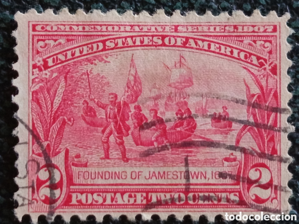 Sellos: Sello EEUU 2c Desembarco Jamestown 1907 Usado Cat&aacute;logo Scott #329