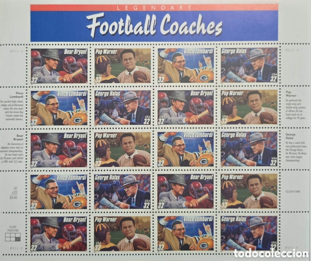Sellos: CA) 1997 USA , complete sheet of commemorative U.S. postage stamps called &rdquo;Legendary Football Co