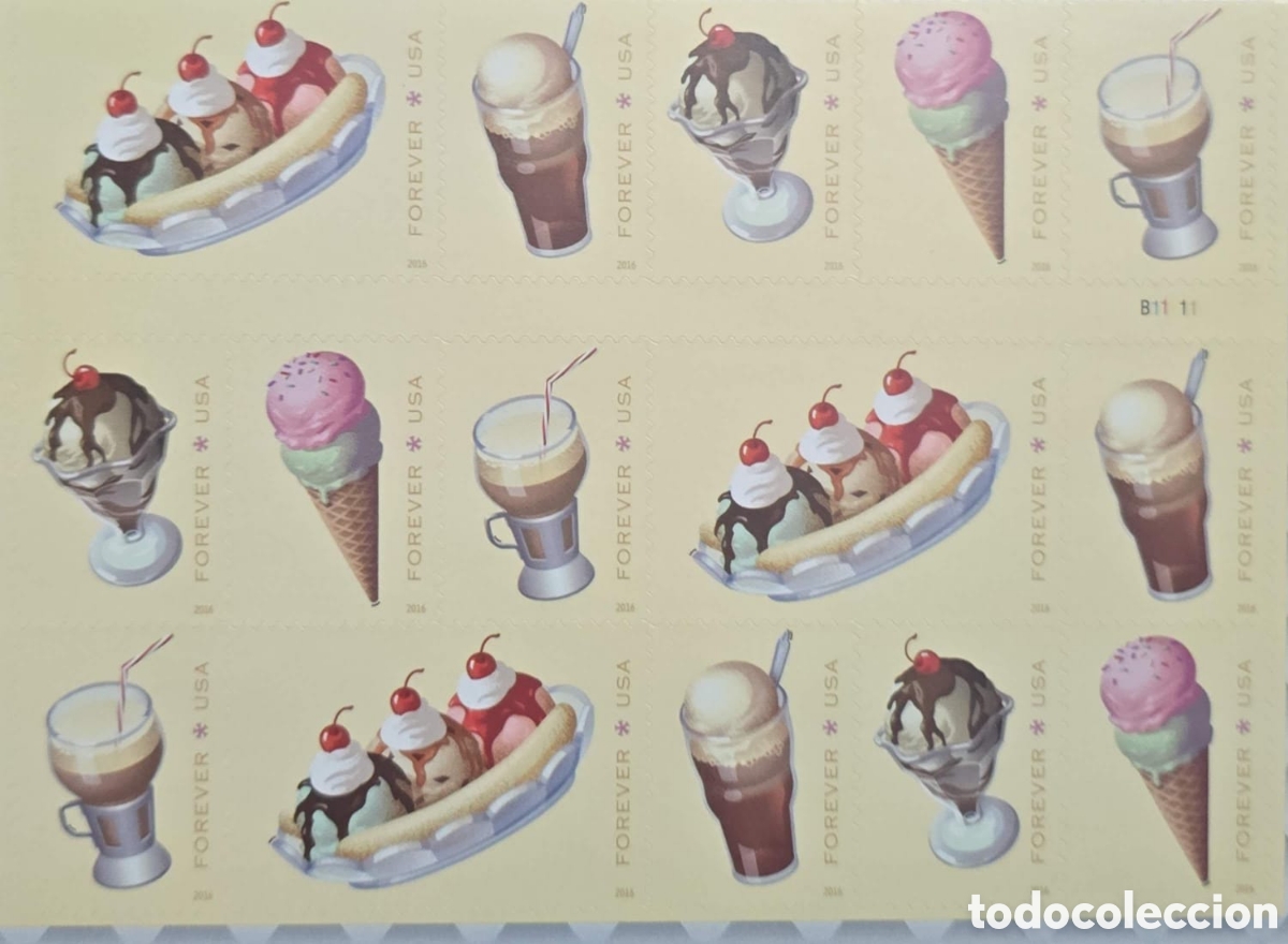 Sellos: CA) 2016 USA , a complete sheet featuring classic desserts from traditional American soda founta