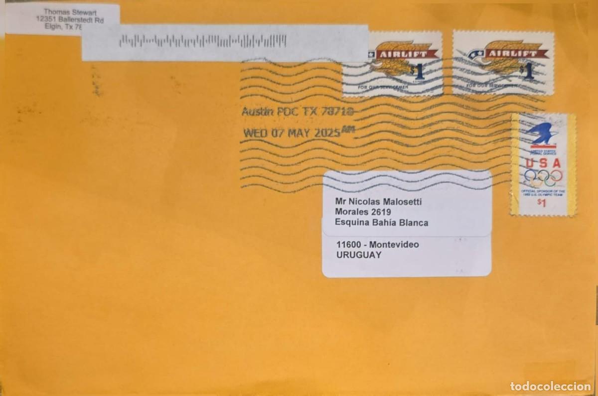 Sellos: MI) 2025 USA, SENT TO MONTEVIDEO, URUGUAY, ON MAY 7; CANCELLATION MARK FROM THE AUSTIN PROCESSING PL