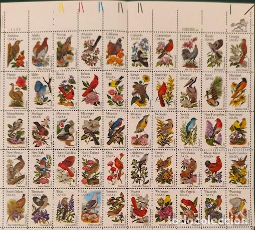 Sellos: Hoja bloque / Pliego completo sellos USA 1982 - State Birds and Flowers / Aves y Flores de EEUU