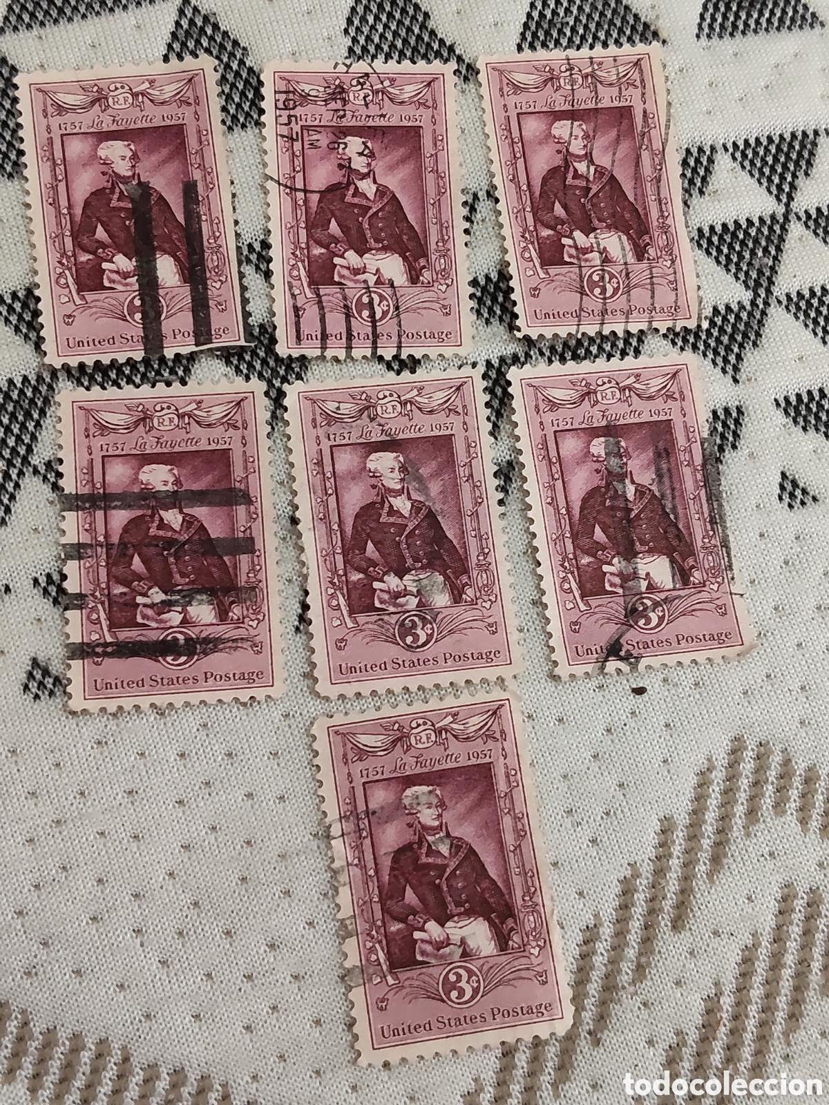 Sellos: 7 sellos de Estados Unidos Bicentenario del nacimiento del Marqu&eacute;s de La Fayette 1957 usados