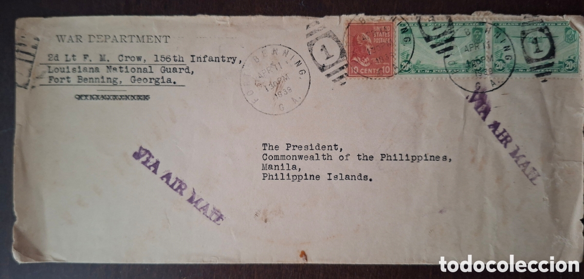 Sellos: Carta enviada departamento de guerra USA Fort benning al presidente de Filipinas 1939