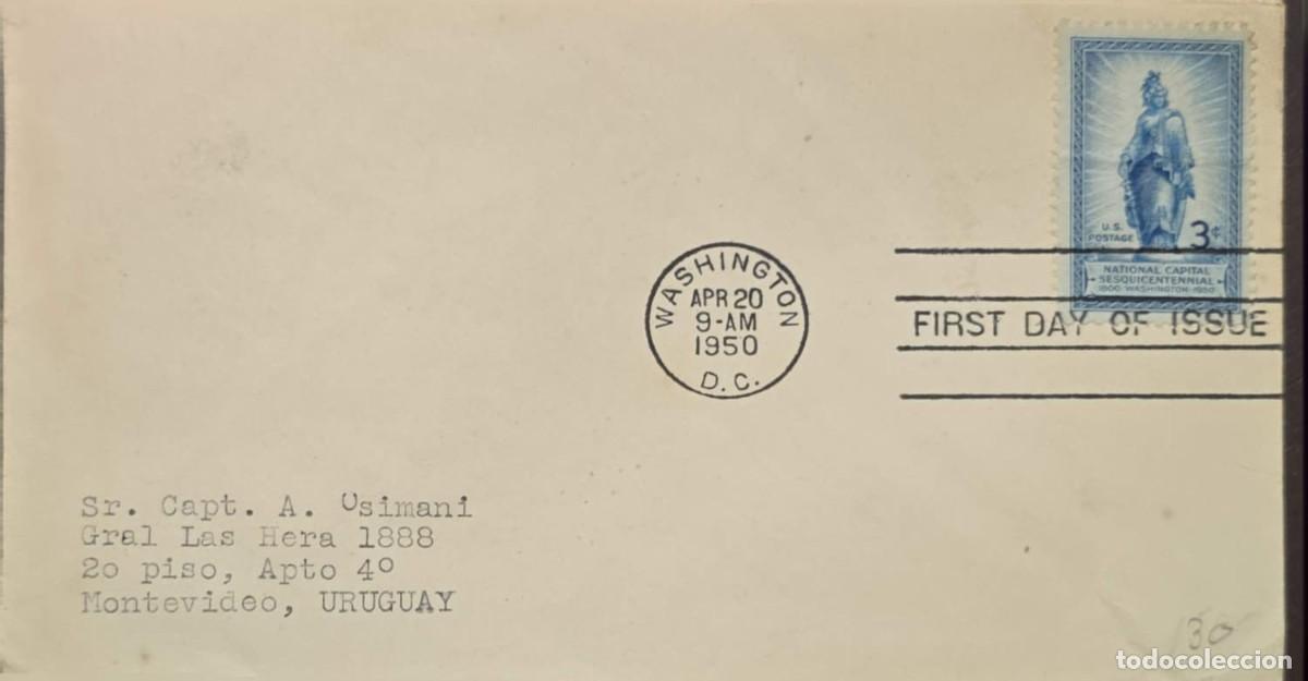 Sellos: MI) 1950, UNITED STATES, FDC, COVER SENT FROM WASHINGTON TO MONTEVIDEO, 150TH ANNIVERSARY OF THE FOU