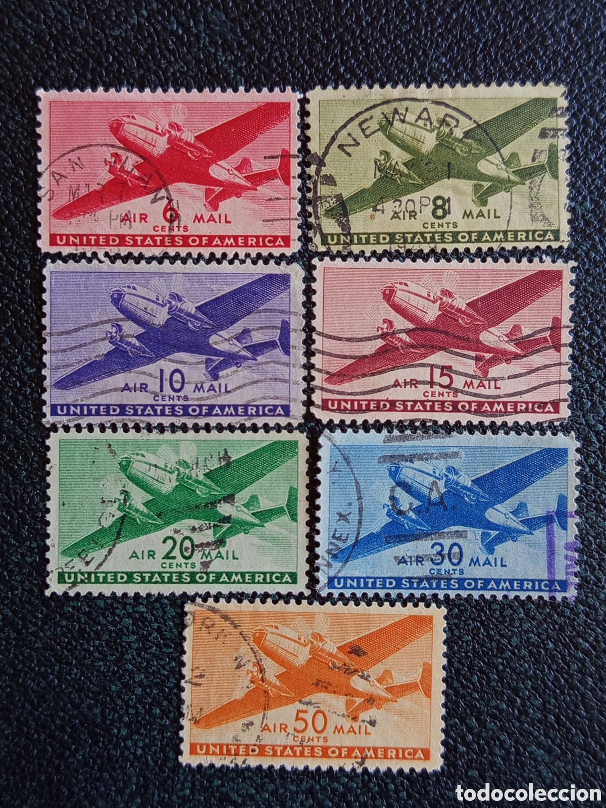 Sellos: Lote 7 Sellos EE.UU. 1941 Correo A&eacute;reo Avi&oacute;n Bimotor Scott C25 a C31 Usados