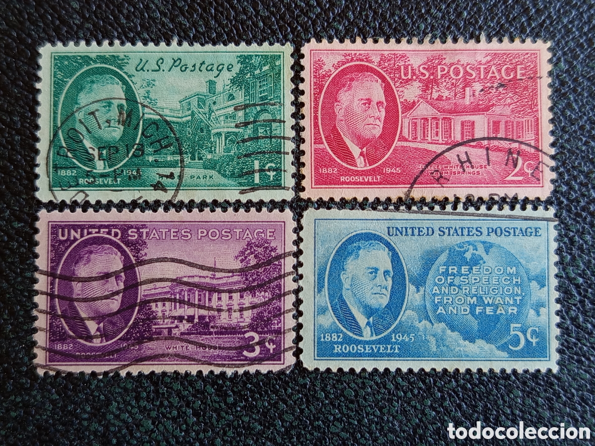 Sellos: Lote 4 Sellos EE.UU. 1945 Conmemorativa Franklin D. Roosevelt Scott 930/933 Usados