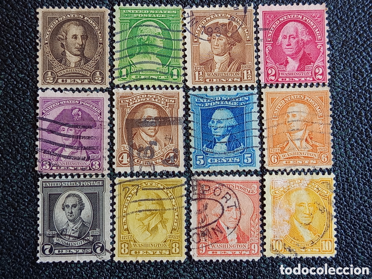 Sellos: Lote 12 Sellos EE.UU. 1932 Bicentenario Washington Scott 704 a 715 Usados