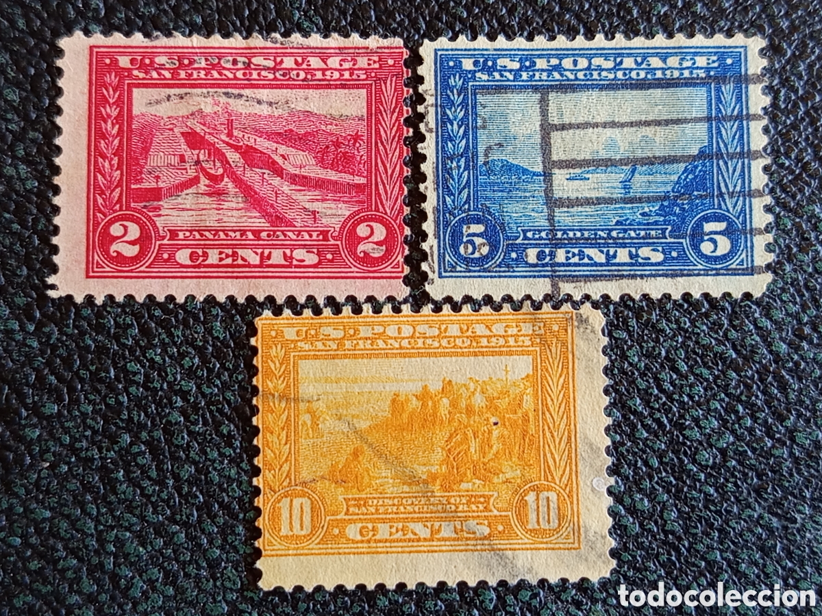 Sellos: Lote 3 Sellos EE.UU. 1913 Exposici&oacute;n Panam&aacute;-Pac&iacute;fico 2c 5c 10c Scott #398-400