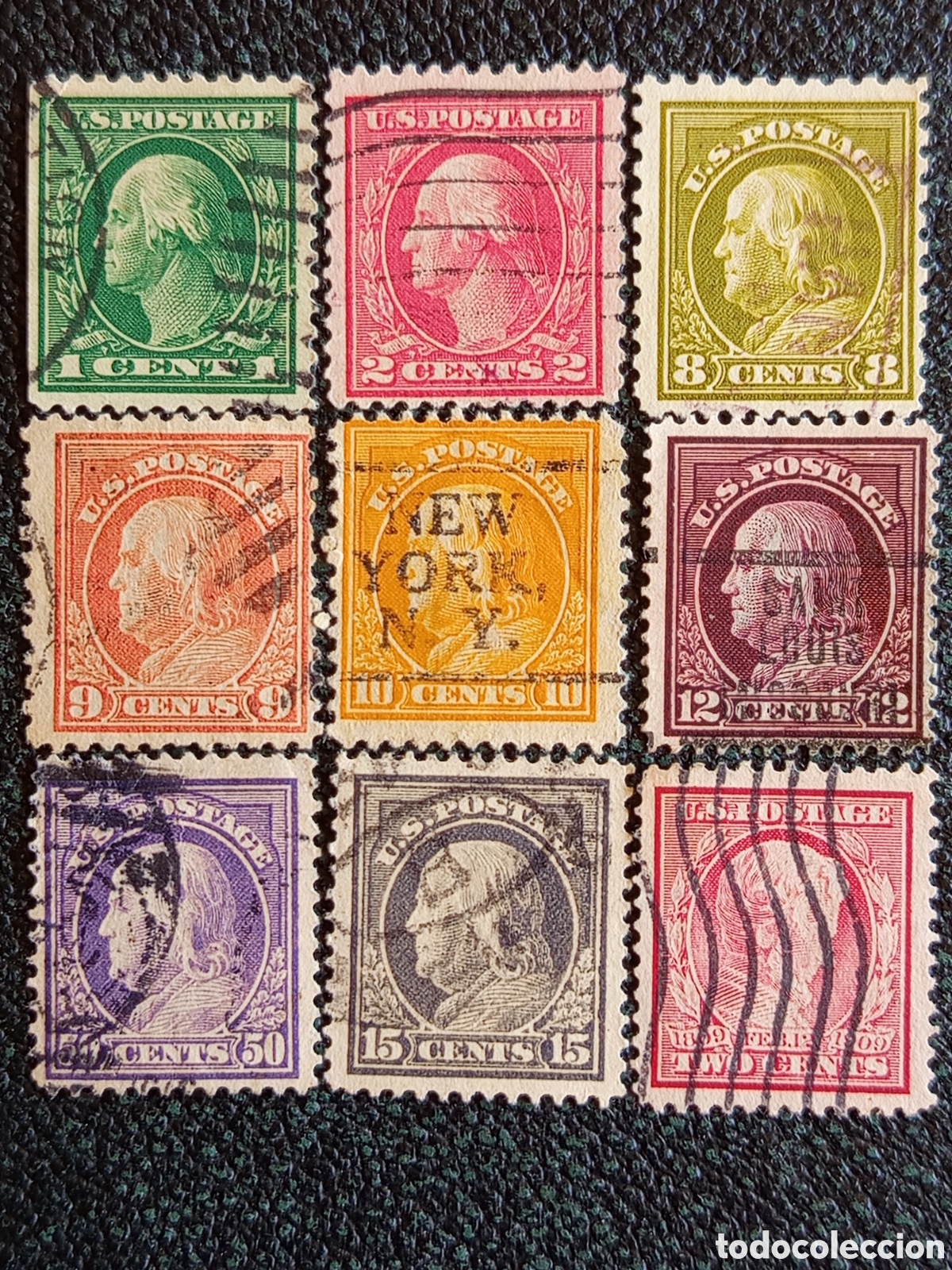 Sellos: Lote 9 Sellos EE.UU. Clasicos Washington Franklin Usados Scott #501-512