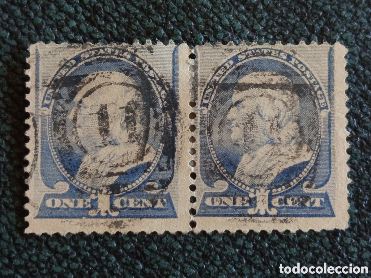Sellos: Par De Sellos EE.UU. 1 Centavo Benjamin Franklin 1887 - Scott #212 Usados