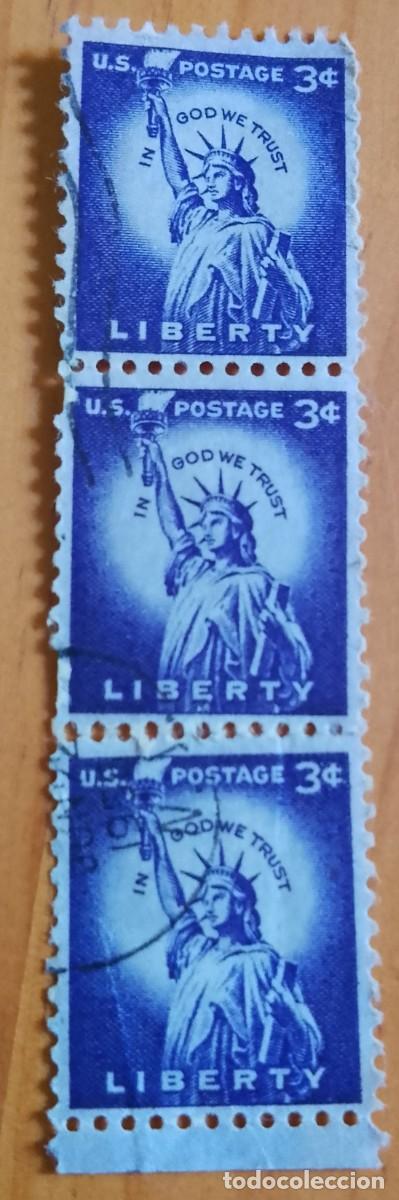 Sellos: ESTADOS UNIDOS - V/F 3 - A&Ntilde;O 1954 ESTATUA DE LA LIBERTAD - TIRA CON 3 SELLOS