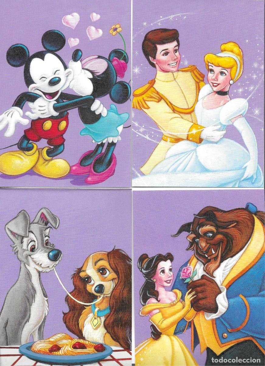 Sellos: &rdquo;El Arte de Disney. Romance&rdquo; Lote de 4 American Stamped Postal Cards. 10 x 15 cms