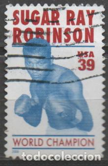 Sellos: ESTADOS UNIDOS IVERT N&ordm; 3774, SUGAR RAY ROBINSON, CAMPEON DEL MUNDO DE BOXEO, USADO, DEPORTES