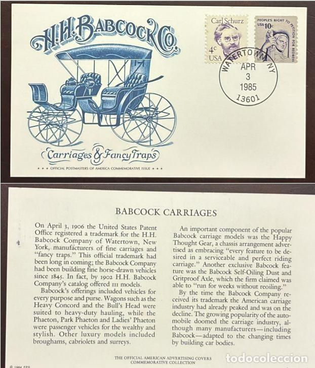 Sellos: TS) 1985 UNITED STATES,79TH ANNIVERSARY OF THE TRADEMARK REGISTRATION OF THE CARRIAGE COMPANY H.H. B