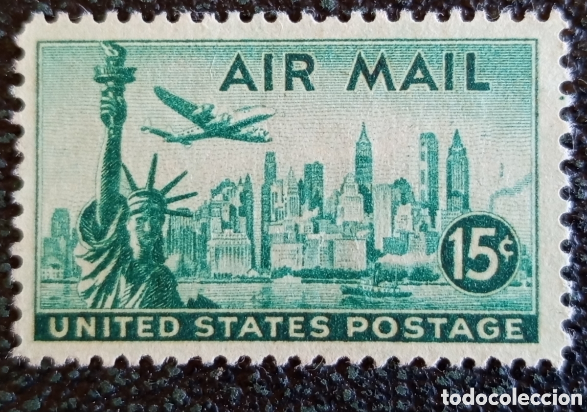 Sellos: Sello EE.UU. 1947 Air Mail Estatua Libertad Nueva York 15 Cents Scott C35 mh