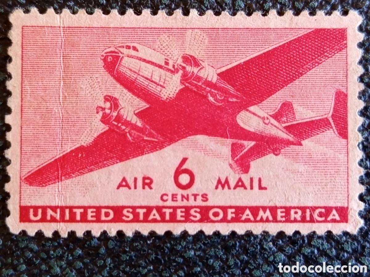 Sellos: Sello EE.UU. 1941 Air Mail Avi&oacute;n Bimotor Carm&iacute;n 6 Centavos Scott C25 MH