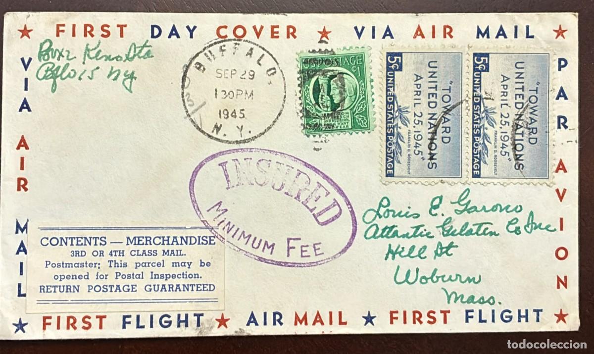 Sellos: TS) 1945 UNITED STATES, FDC, AIRMAIL, COVER SENT FROM NEW YORK TO MASSACHUSETTS,TOWARD UNITED NATION