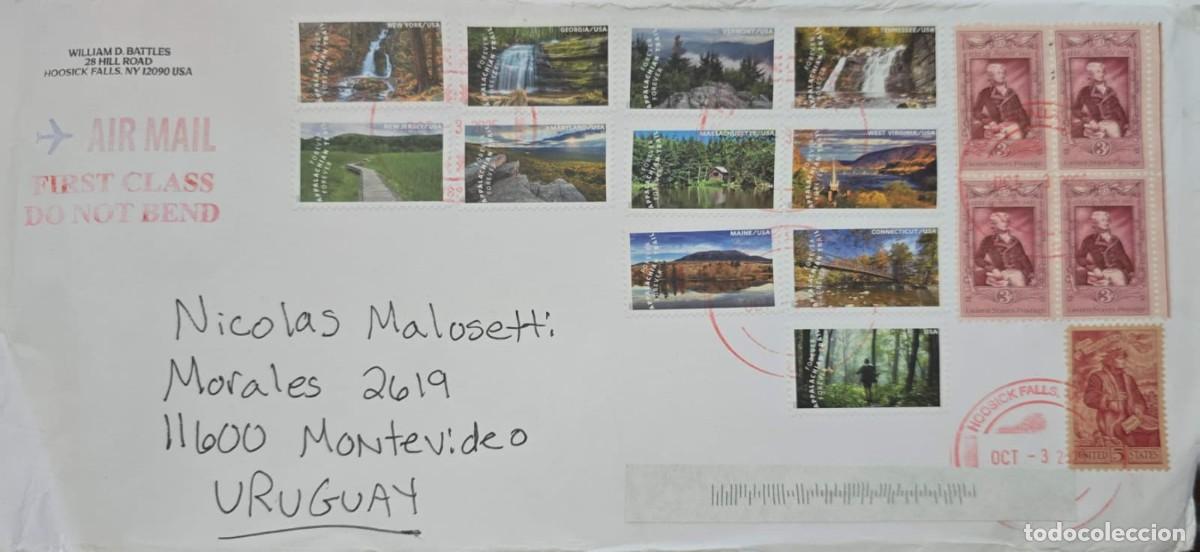 Sellos: MI) 2025 UNITED STATES, ENVELOPE SENT FROM HOOSICK FALLS, NEW YORK, TO MONTEVIDEO, URUGUAY, VIA AIRM