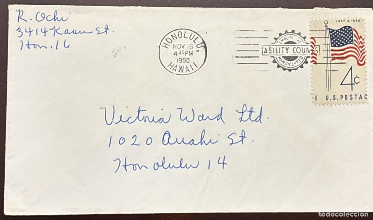 Sellos: TS) 1960 HAWAII, CANCELLATION STAMP, COVER CIRCULATED IN HONOLULU,NEW 50 STAR NATIONAL FLAG,VF.