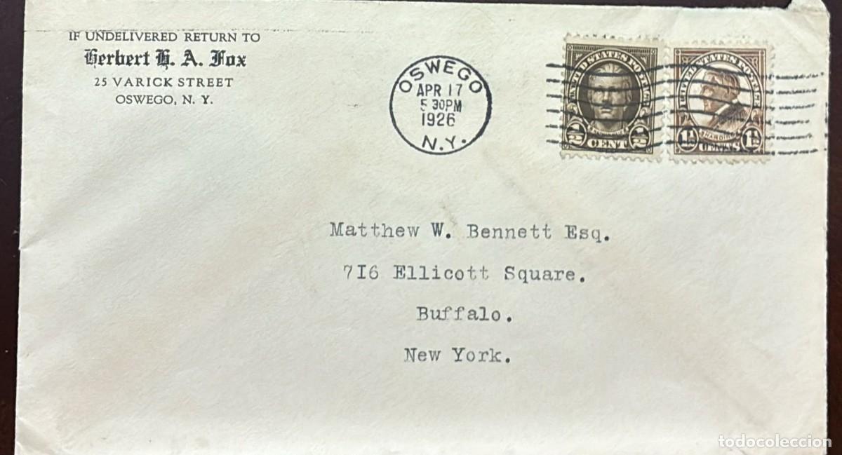 Sellos: TS) 1926 UNITED STATES, CANCELLATION STAMP, COVER SENT FROM OSWEGO TO BUFFALO,WITH SOLDIER AND SPY N