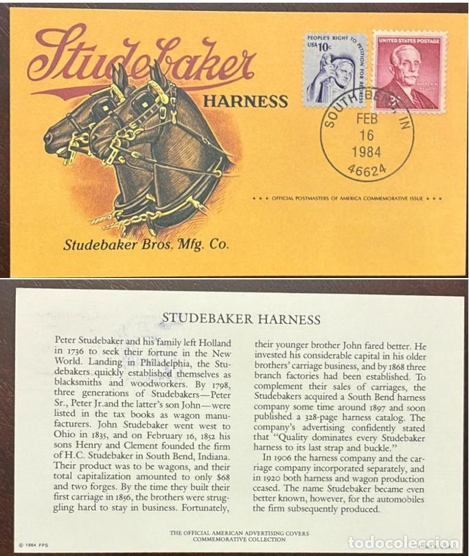 Sellos: MI) 1984, UNITED STATES, COMMEMORATIVE COVER HONORING THE STUDEBAKER COMPANY'S HORSE HARNESS BUSINES