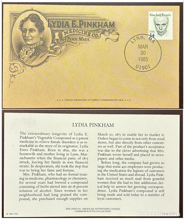 Sellos: MI) 1985, UNITED STATES, COMMEMORATIVE COVER DEDICATED TO LYDIA E. PINKHAM AND HER MEDICINE COMPANY