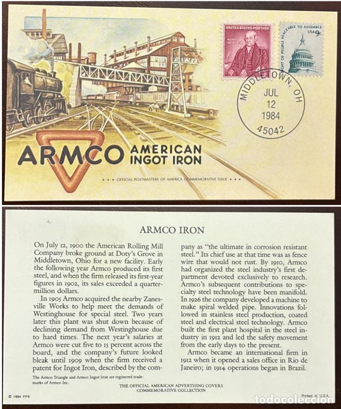 Sellos: MI) 1984, UNITED STATES, COMMEMORATIVE COVER HONORING ARMCO IRON (AMERICAN ROLLING MILL COMPANY), FE