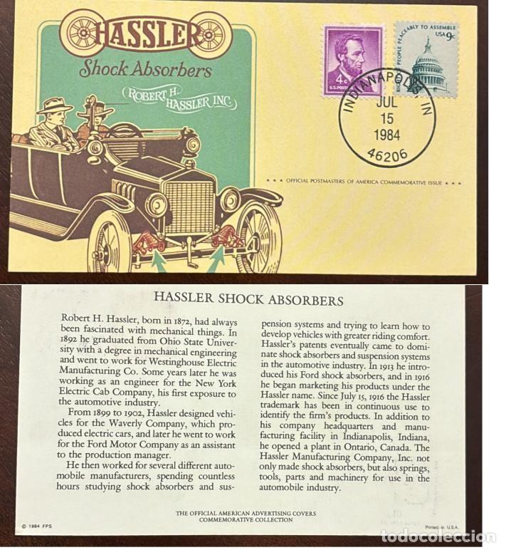Sellos: MI) 1984, UNITED STATES, COMMEMORATIVE COVER HONORING HASSLER SHOCK ABSORBERS, TWO STAMPS&mdash;THE LEFT F