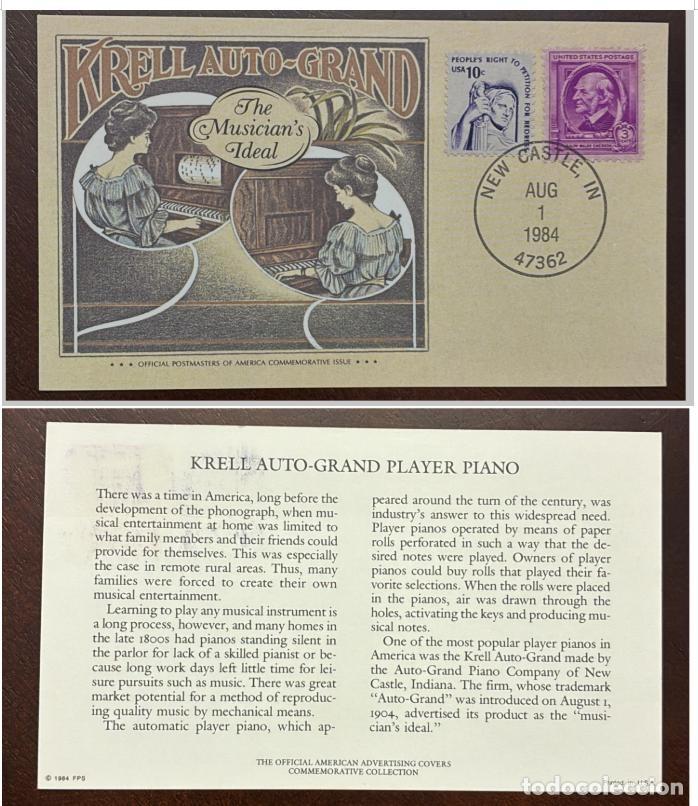 Sellos: MI) 1984, UNITED STATES, COMMEMORATIVE COVER FEATURING THE KRELL AUTO-GRAND PLAYER PIANO, TWO STAMPS